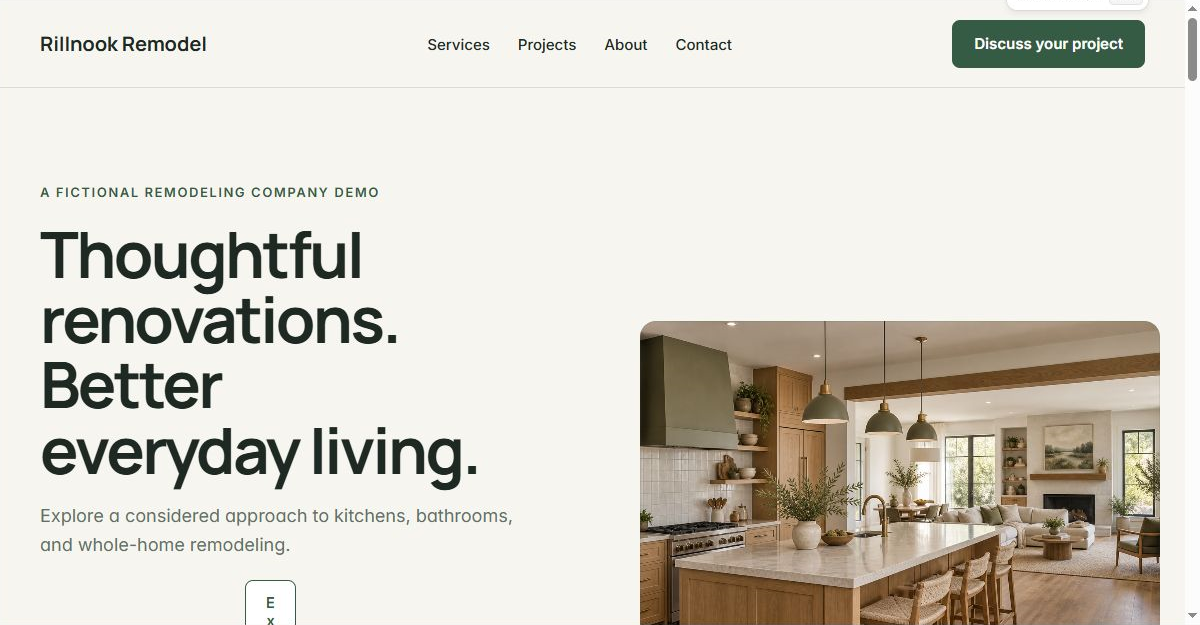 Preview of the Rillnook Remodel Framer template home page
